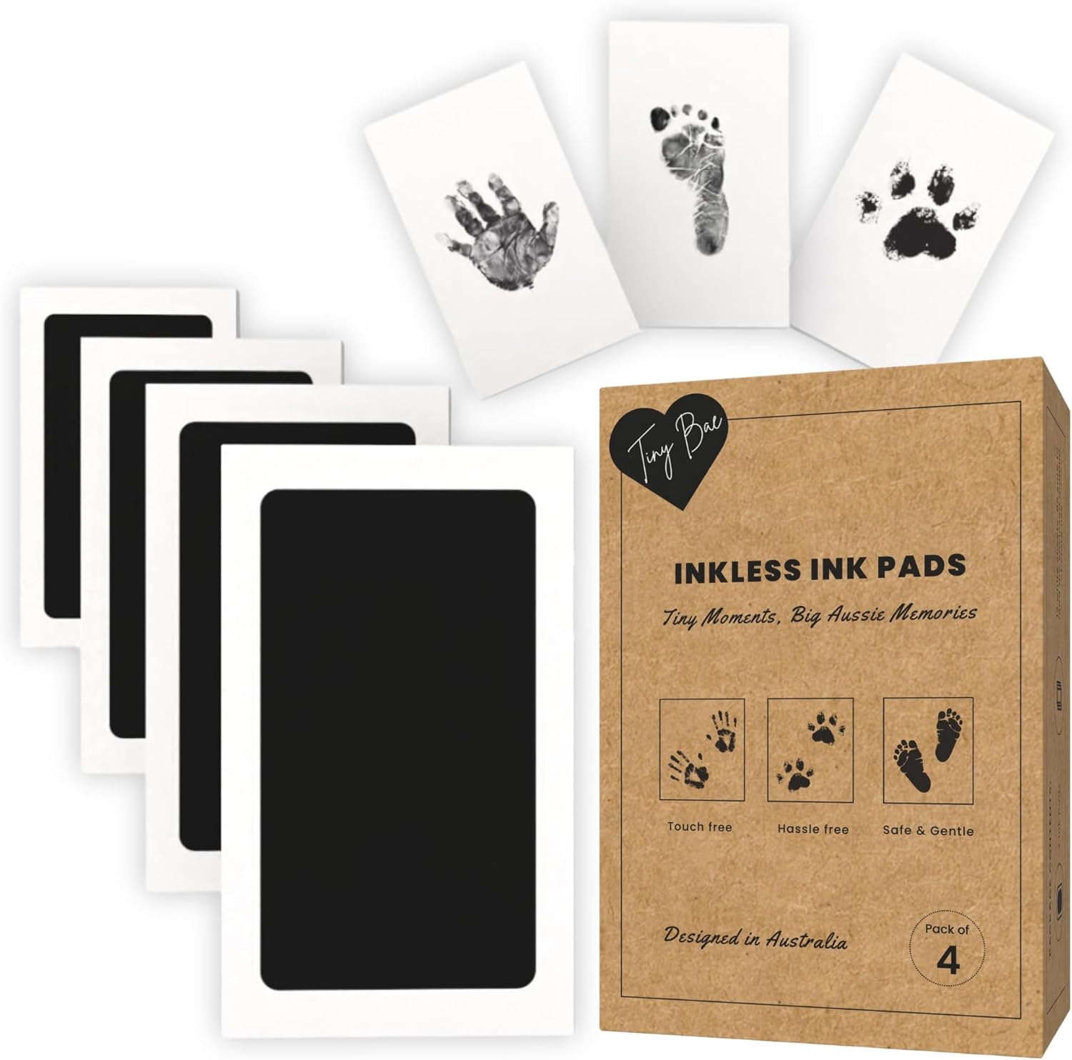TinyBae inkless hand, foot, and pet paw print kit with box, four ink pads, and sample prints