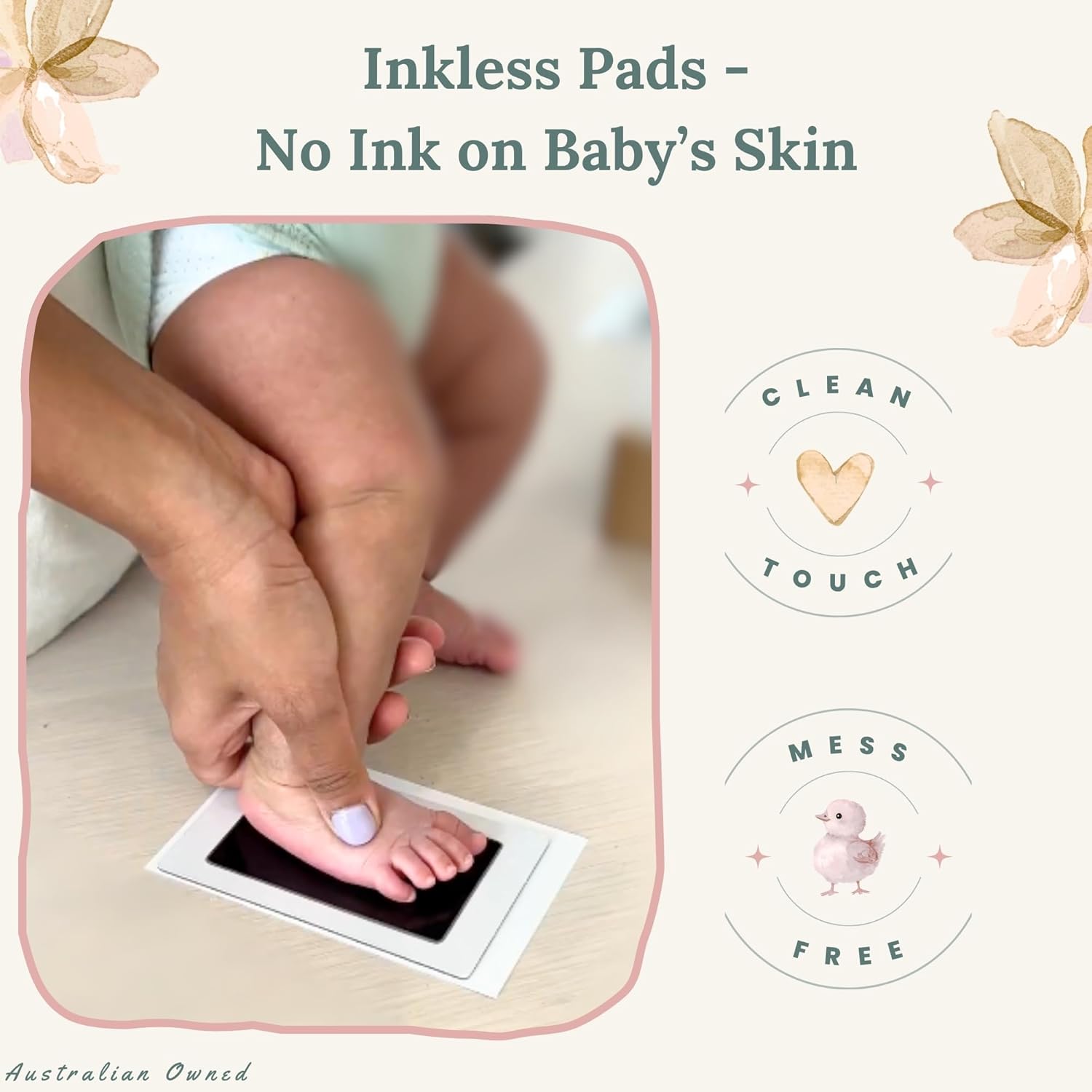 Baby foot being pressed onto TinyBae inkless pad with clean touch and mess-free branding