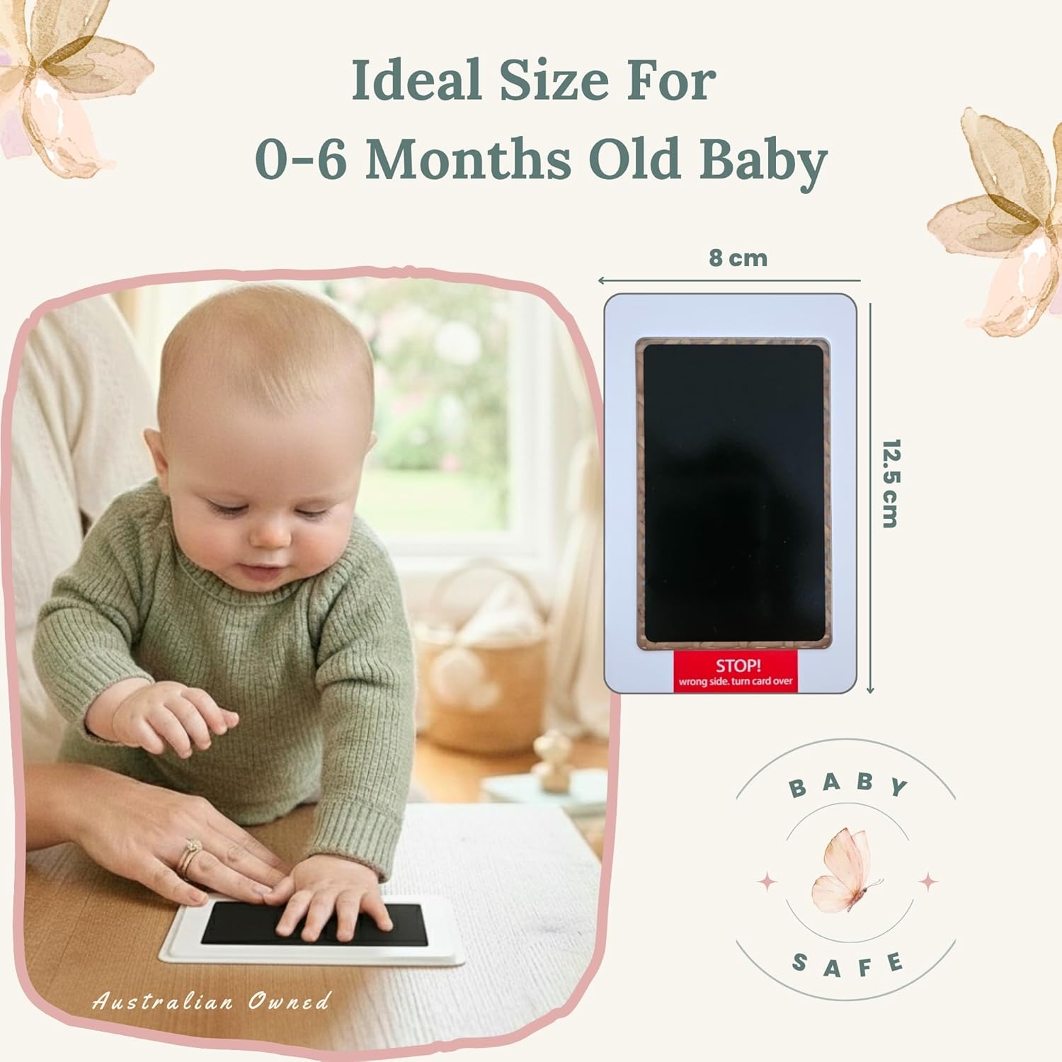 TinyBae product graphic showing ideal size for babies 0 to 6 months with pad dimensions